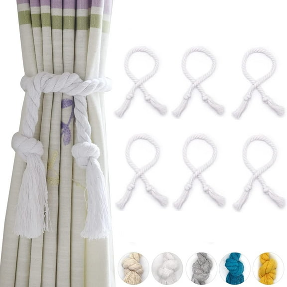 6 Pack Curtain Rope Tiebacks, Outdoor Curtain Tiebacks, Natural Cotton Curtain Holders, Village Rural Rustic Boho Curtain Holdbacks, Curtain Ties Rope for Patio Drapery Pergola Drapes, White