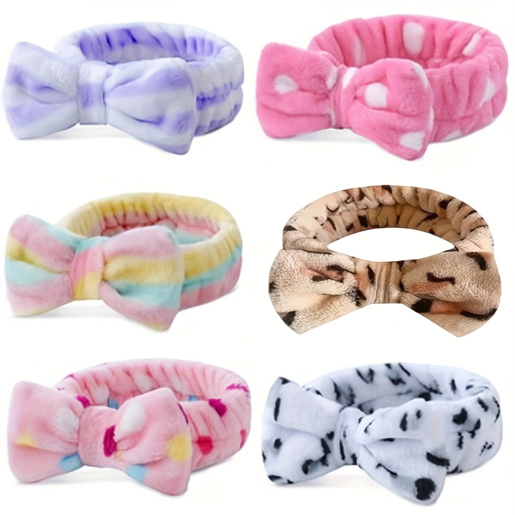 6-Pack Cute Flannellette Bow Hair Bands for Women, Adjustable Elastic Hair Ties, Soft Coral Fleece, Butterfly Print, Spa Hair Accessories for Makeup, Face Washing, and Shower