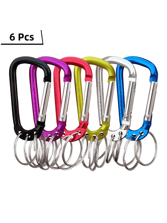 6 Pack D-Shape Carabiner Keychain with 3 Key Rings, Aluminum Alloy, Multicolor (6 Colors), 2.36 Inch