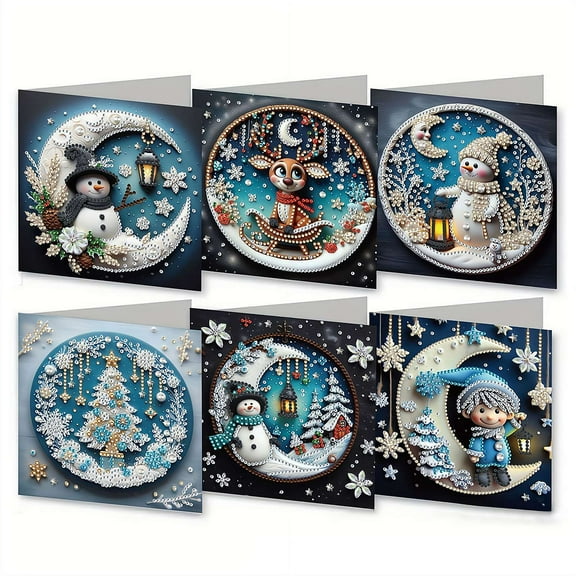 6 Pack DIY Diamond art Painting Greeting Card Kit Xmas, 5D Diamond Art Christmas Birthday Holiday Foldable Thank You Cards Blessing, Art Crafts Kit Creative with Envelope