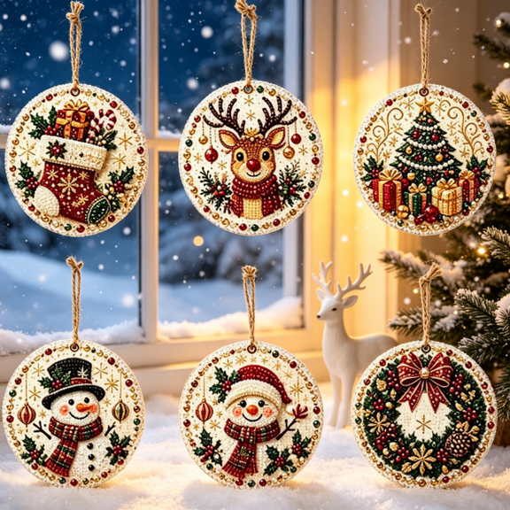 6-Pack DIY Wooden Christmas Ornament Craft Kit, 3.9 Inch Round Hanging Wood Pieces for Holiday Family Craft Activity