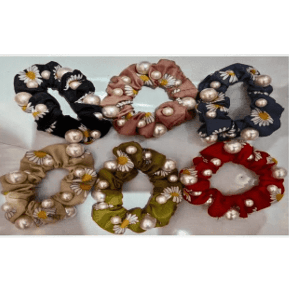 6-Pack Daisy Pearl Scrunchies for Girls, Soft Floral Hair Ties with Elastic Hold