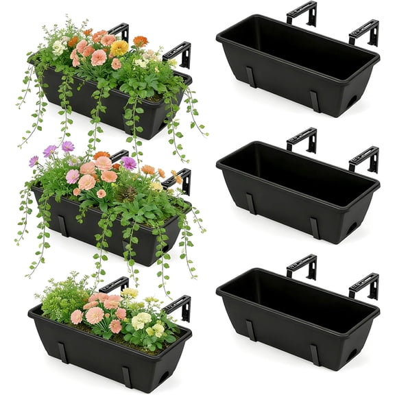 6 Pack Deck Railing Planter Boxes Black Window Boxes Planter Boxes with Adjustable Brackets, Outdoor Garden Fence Planters with Drainage Holes for Flowers, Herbs, Strawberry
