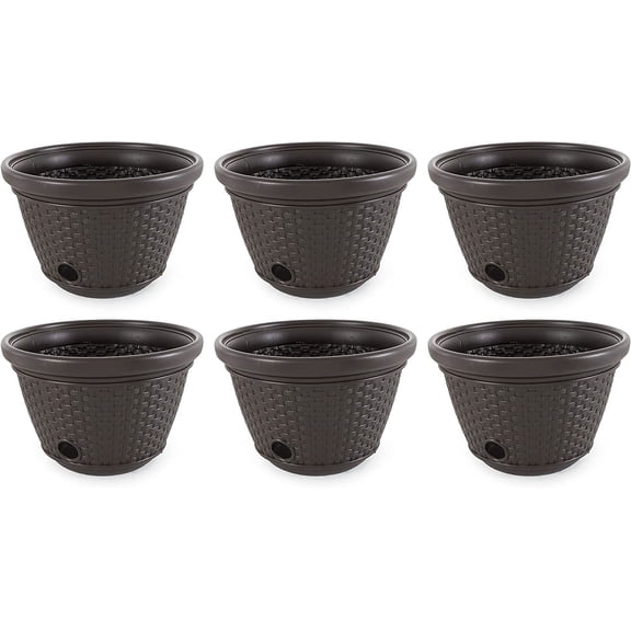 6 Pack Decorative Wicker Garden Hose Holder Pot with 4 Drain Holes for 100 Foot Hoses, Java