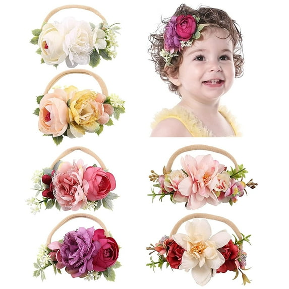 6 Pack Delicate Floral Rose Daisy Flower Super Stretchy Soft Nylon Headbands Hair Bands Accessories for Baby Girls Newborns Infants Toddlers Kids