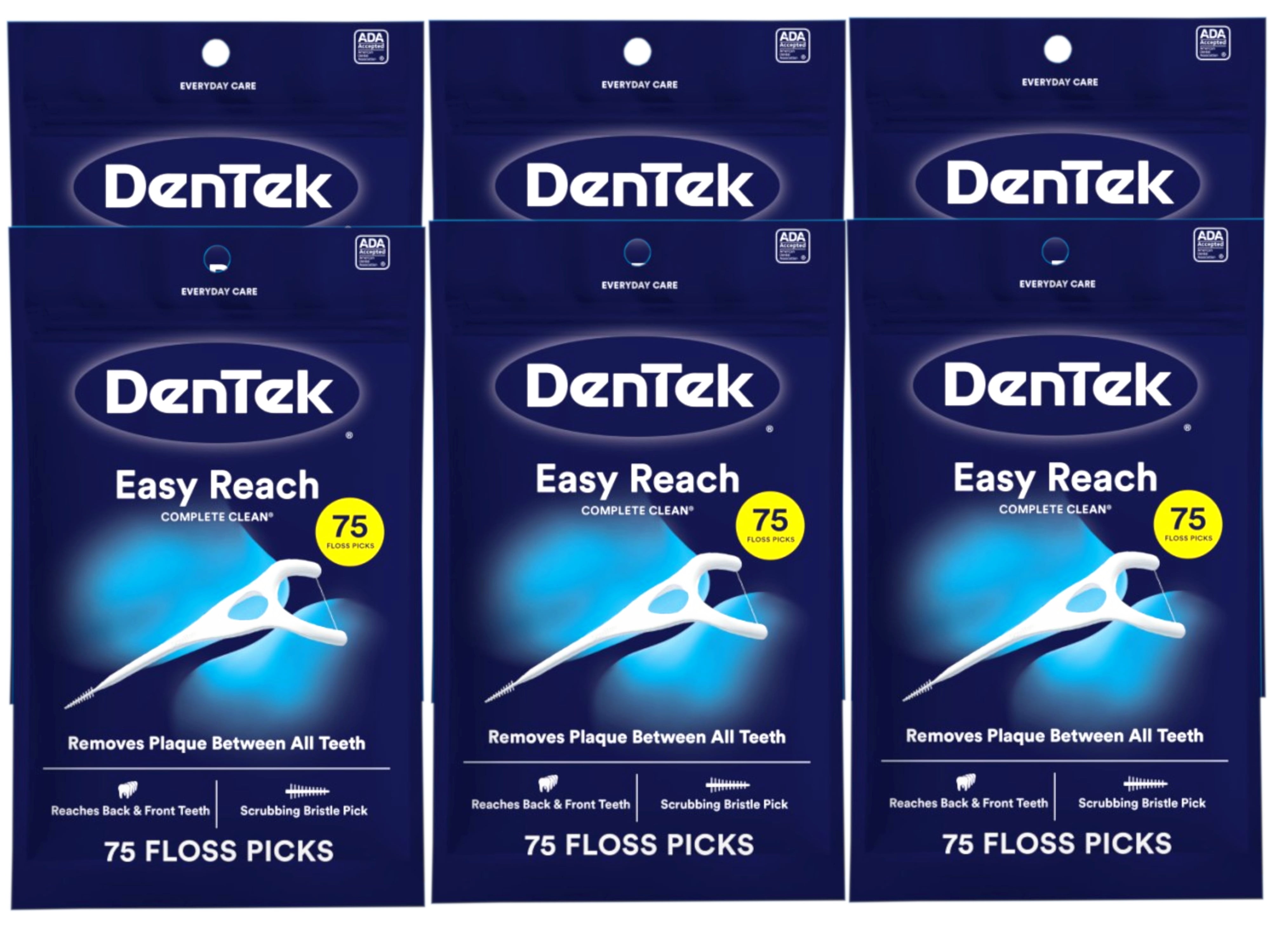 6 Pack - DenTek Complete Clean Easy Reach Floss Picks, No Break & No Shred Floss, 75 Count