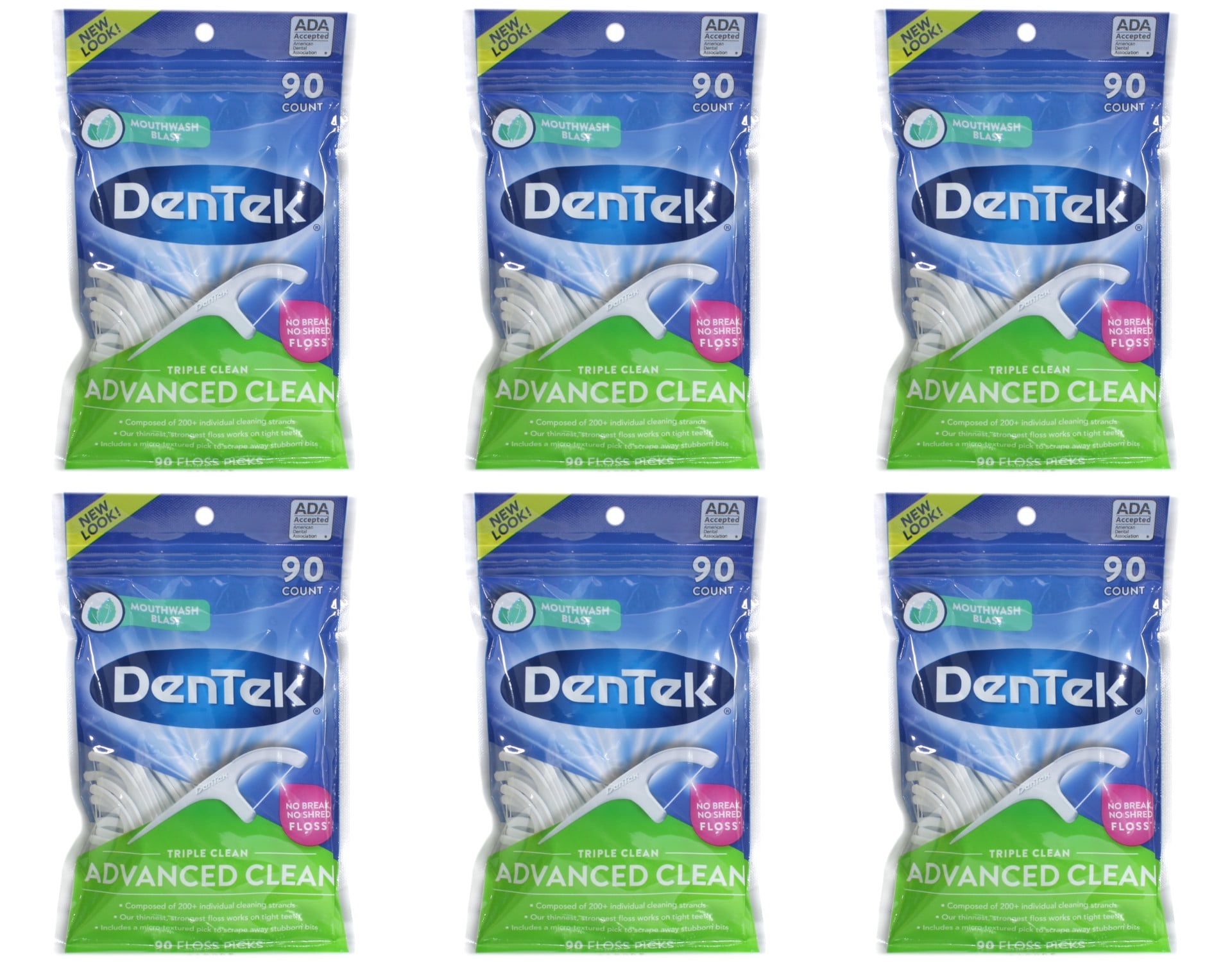 6 Pack DenTek Triple Clean Floss Picks, 90 count each
