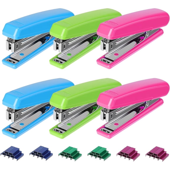 6 Pack Desktop Office Stapler with 3000 Staples 25 Sheet Capacity Staplers for College Desk One Touch No Effort Easy to Load Assorted Colors Lightweight Office Supply, 3 Colors