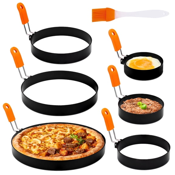 6 Pack Different Sized Egg Ring Set, Stainless Steel Round Egg Shaper with Silicone Handle & 1 Brush, Nonstick Egg Circles for Baking Pancake Griddle Muffin Omelette Cooking Frying