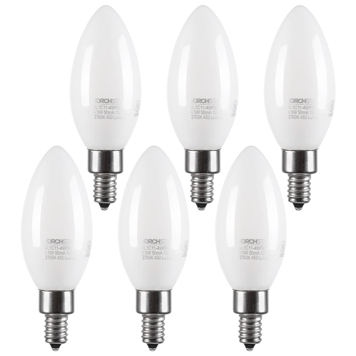 6 Pack Dimmable E12 LED Candelabra Bulb, C11 Milky Chandelier Filament Bulb, Omni Directional, Frosted Glass, 4.5W (40W Eqv.), UL-Listed, 2700K Soft White
