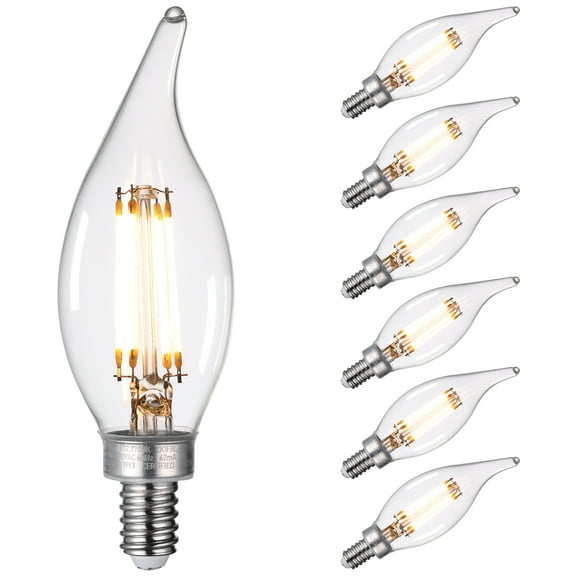 6 Pack Dimmable E12 LED Candelabra Bulbs, Chandelier Light Bulbs CA11, FCC&ETL Listed, Flame Tip Light Bulbs, 5.5W(60W Eqv.), Ceiling Fan Light Bulb, Clear Glass, 2700K Soft White