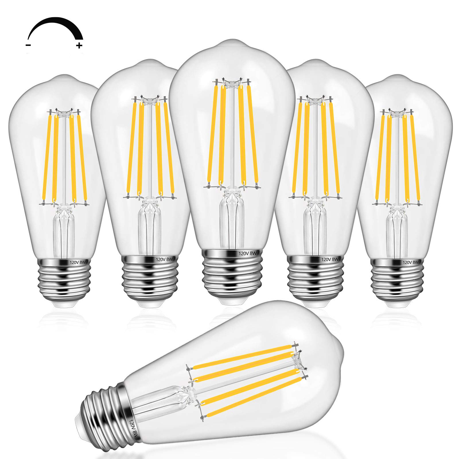 6Pack Dimmable Edison LED Light Bulbs 8W Vintage ST64/ST21 Filament