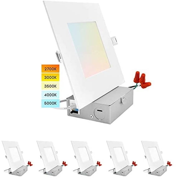 6 Pack Dimmable Ultra-Thin 6 Inch LED Recessed Light with Junction Box, 2700K/3000K/3500K/4000K/5000K Selectable, 12W Eqv 120W, 1100LM High Brightness, CRI90