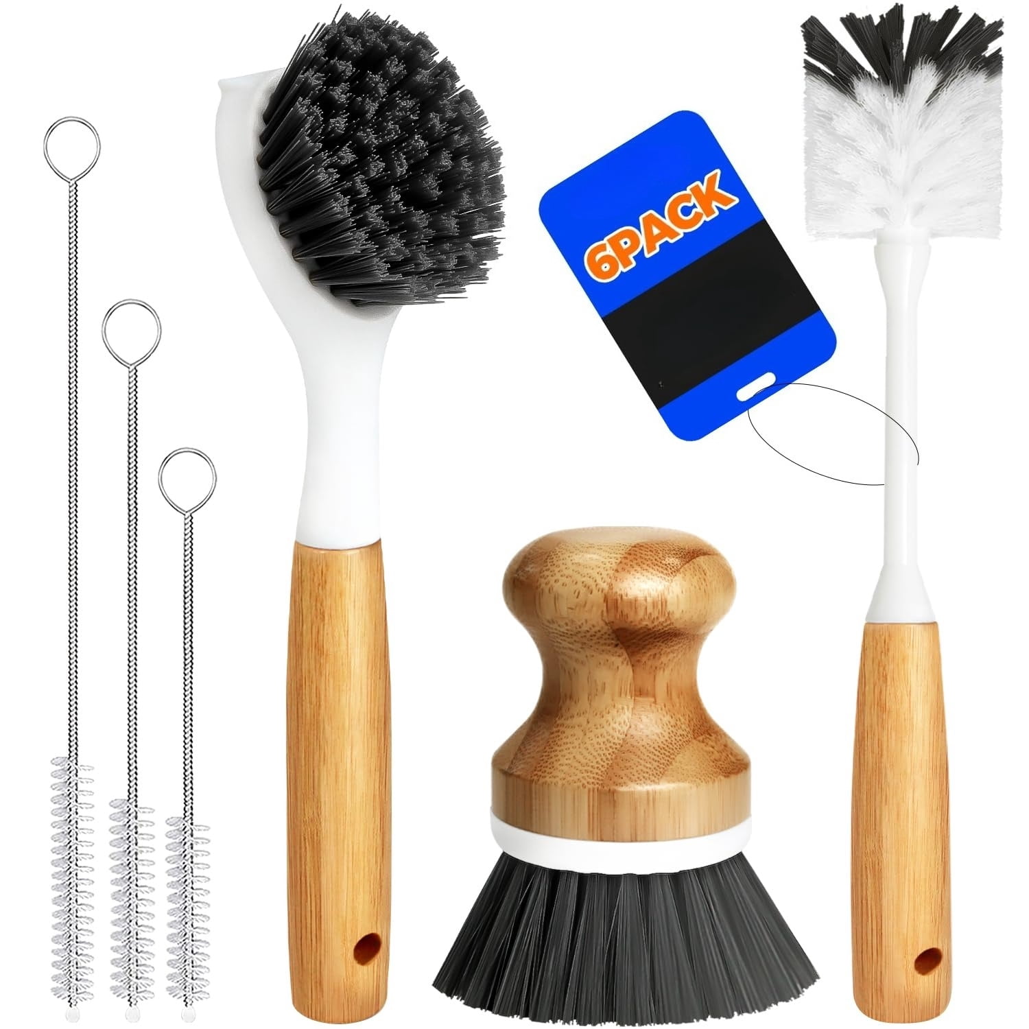 6 Pack Dish Brush Scouring Pad Set with Bottle Brush, Dish Brush, Palm Scrub Brush and Straw Brush, Dish Scrubber Long Handle for Dish Bottle Cup Skillet Wok Pot Pan Cast Iron, Yellow