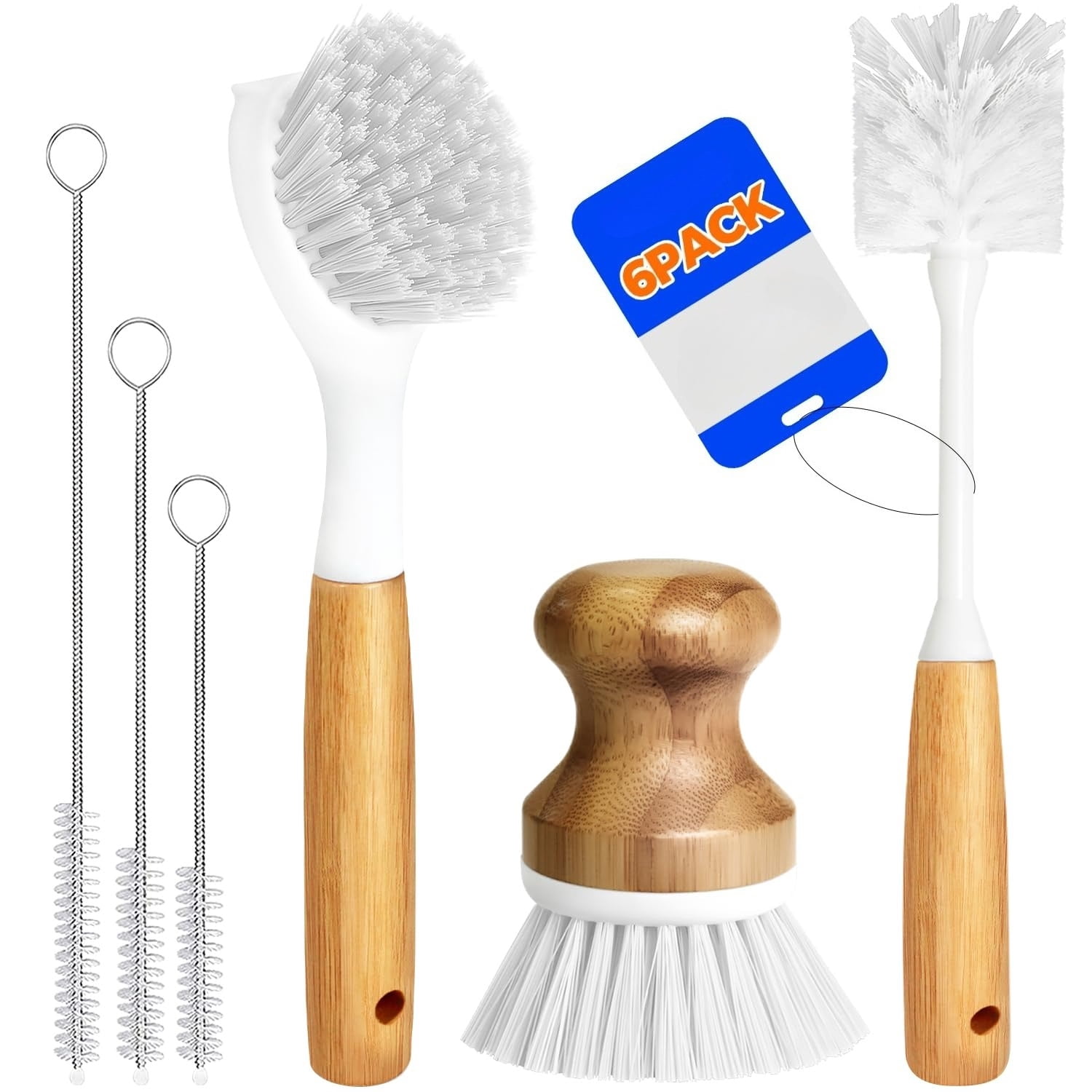 6 Pack Dish Brush Scouring Pad Set with Bottle Brush, Dish Brush, Palm Scrub Brush and Straw Brush, Dish Scrubber Long Handle for Dish Bottle Cup Skillet Wok Pot Pan Cast Iron, Yellow