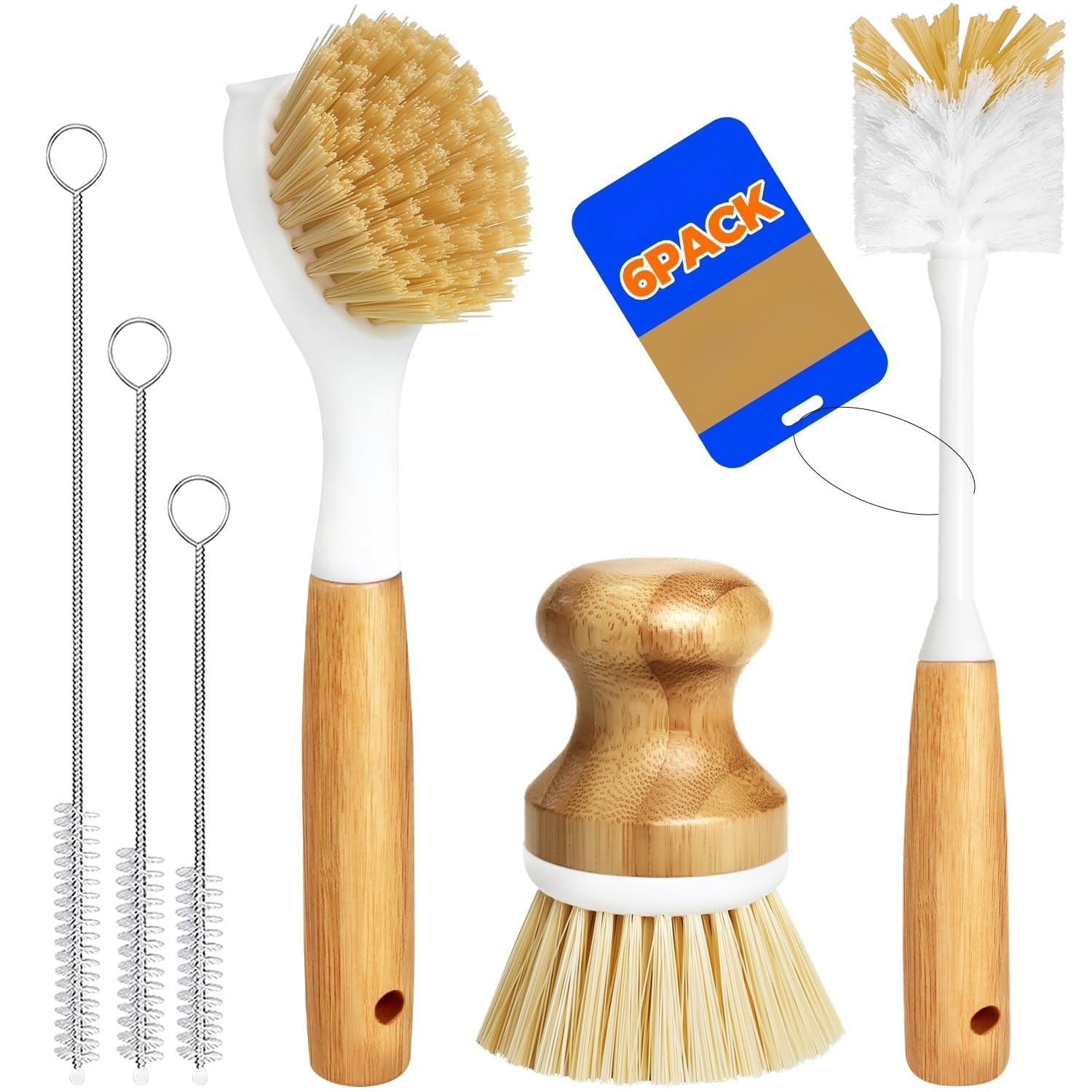 6 Pack Dish Brush Scouring Pad Set with Bottle Brush, Dish Brush, Palm Scrub Brush and Straw Brush, Dish Scrubber Long Handle for Dish Bottle Cup Skillet Wok Pot Pan Cast Iron, Yellow