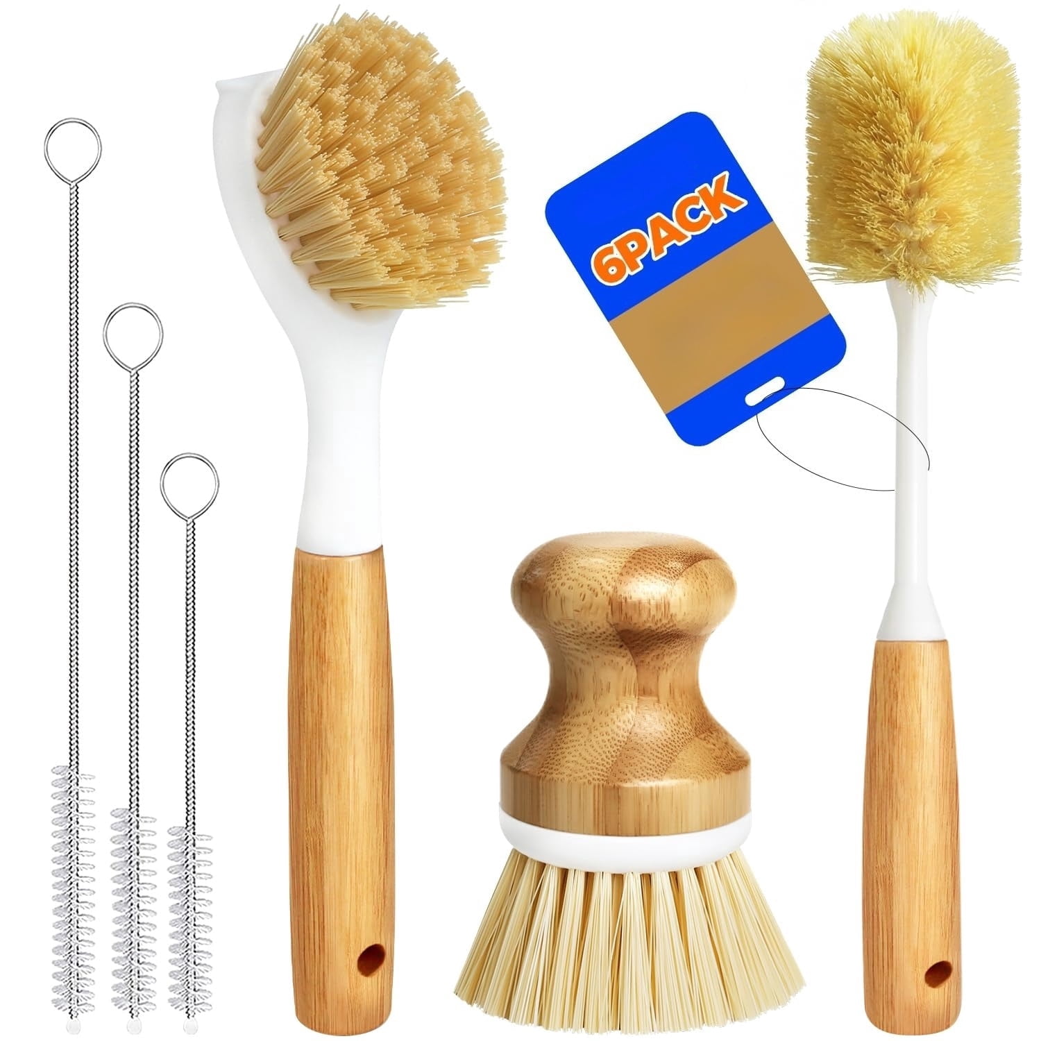 6 Pack Dish Brush Scouring Pad Set with Bottle Brush, Dish Brush, Palm Scrub Brush and Straw Brush, Dish Scrubber Long Handle for Dish Bottle Cup Skillet Wok Pot Pan Cast Iron, Yellow