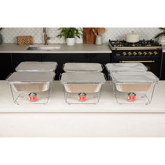 6 Pack Disposable Chafing Dish Buffet Set with Cans and Half Size Pans for Parties