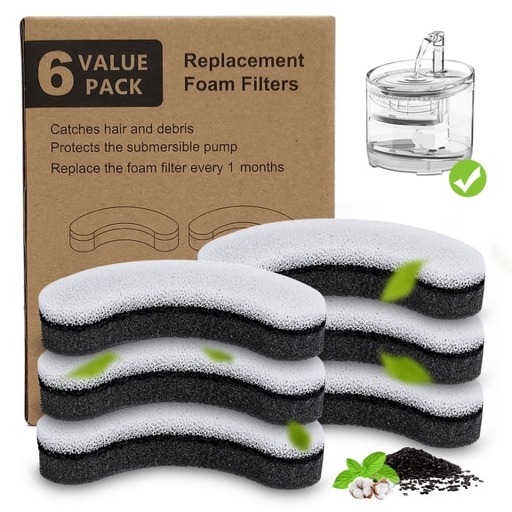 6-Pack Dog Water Fountain Replacement Filters, Compatible Automatic Dog Water Bowl Dispenser, Foam Sponge & Carbon Pet Fountain Filters for Dogs & Cats