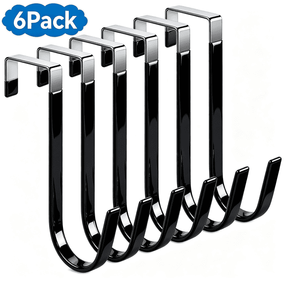 Over the Door Hooks for 1-3/8" Doors, Heavy Duty Steel Wall-Friendly Door Hangers, No Drill Bathroom Towel Hooks, Rust Resistant Coat Hooks for Robes, Hats & Bags, Black, 6 Pack
