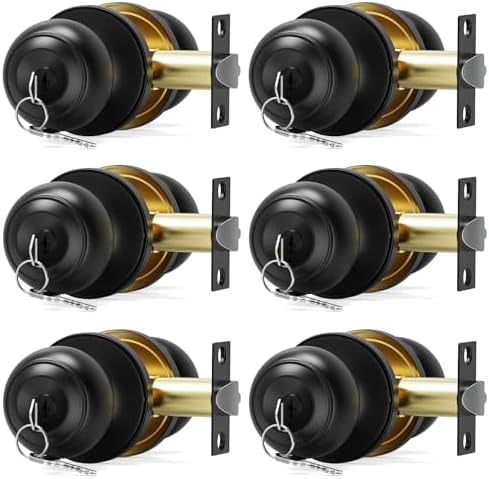 6 Pack Door Knob with Lock, Keyed Same Entry Door Knobs, Interior and Exterior Round Ball Door Lock for Front Bedroom or Bathroom, Door Knobs Matte Black Finish