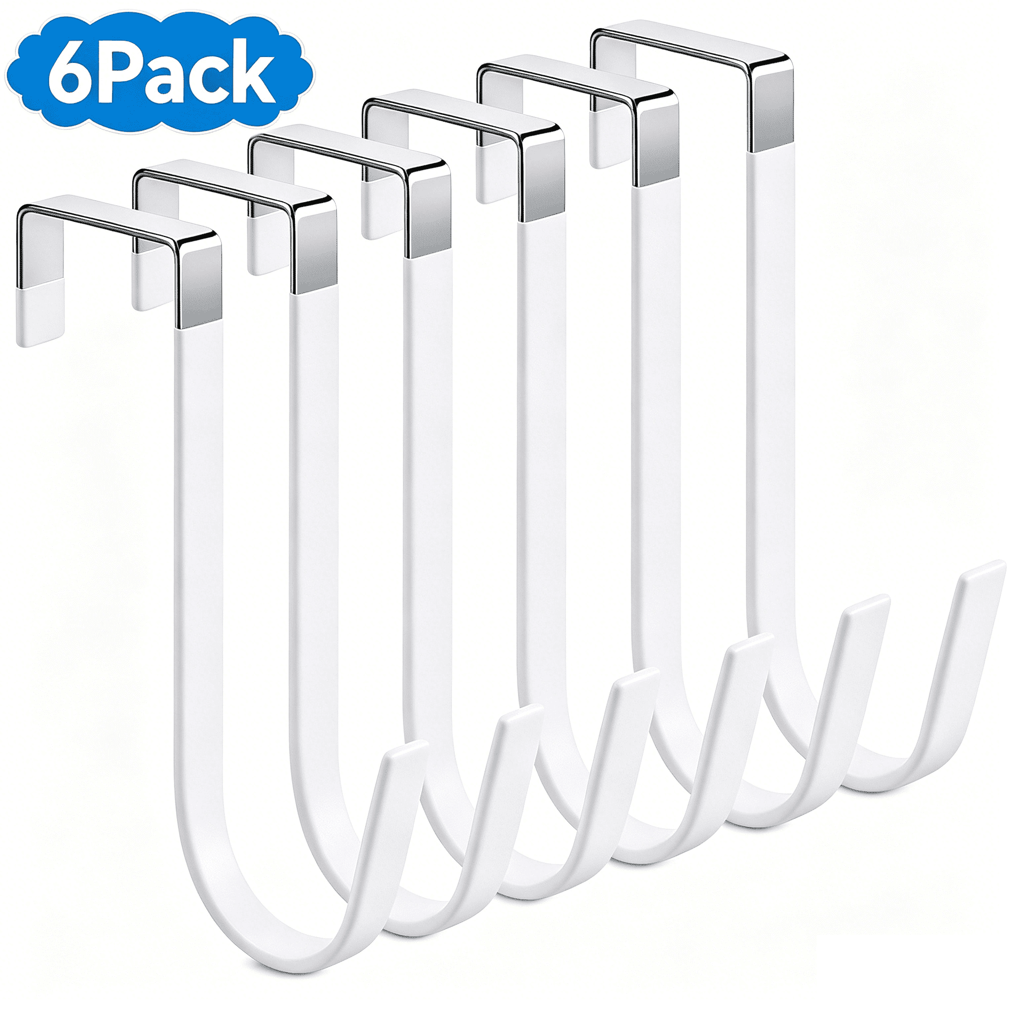 6 Pack Over the Door Hooks for 1-3/8" Doors, Heavy Duty Steel Door Hanger, No Drill Bathroom Towel Hanger, Rustproof White Wall Hooks for Coats, Robes, Hats & Bags