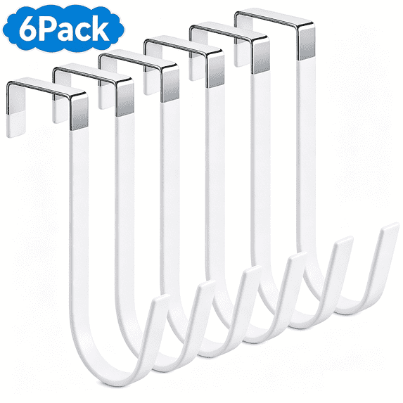 6 Pack Over the Door Hooks for 1-3/8" Doors, Heavy Duty Steel Door Hanger, No Drill Bathroom Towel Hanger, Rustproof White Wall Hooks for Coats, Robes, Hats & Bags