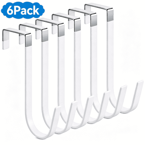 6 Pack Over the Door Hooks for 1-3/8" Doors, Heavy Duty Steel Door Hanger, No Drill Bathroom Towel Hanger, Rustproof White Wall Hooks for Coats, Robes, Hats & Bags