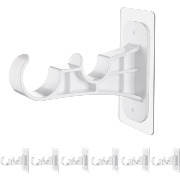 6-Pack Double Curtain Rod Bracket, Adhesive No Drill Holder, Smooth Surface, Double Brackets, No Screw Nail-Free Curtain Hangers, Wall Hooks for Living Room, Bathroom, Kitchen - White