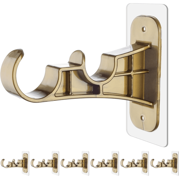 6-Pack Double Curtain Rod Bracket No Drill, Adhesive Nail-Free Rod Holder Brackets, No Drilling Damage-Free Double Rods Hangers Hooks for Living Room, Bathroom, Kitchen - Retro Color