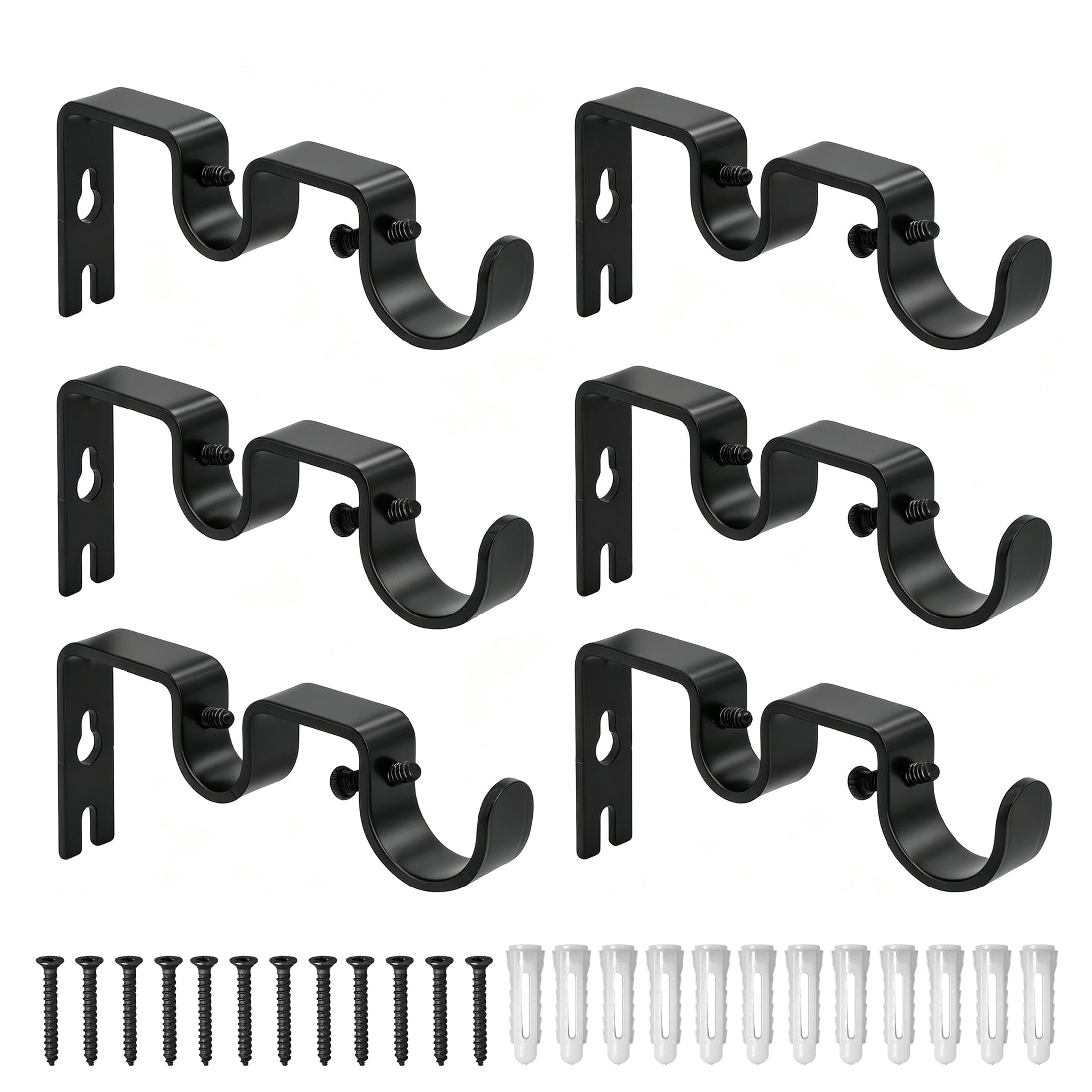 6 Pack Double Curtain Rod Brackets, Heavy Duty Black Curtain Rod Holders, Metal Curtain Rod Wall Mount Bracket for 0.7"-1.02" Rods