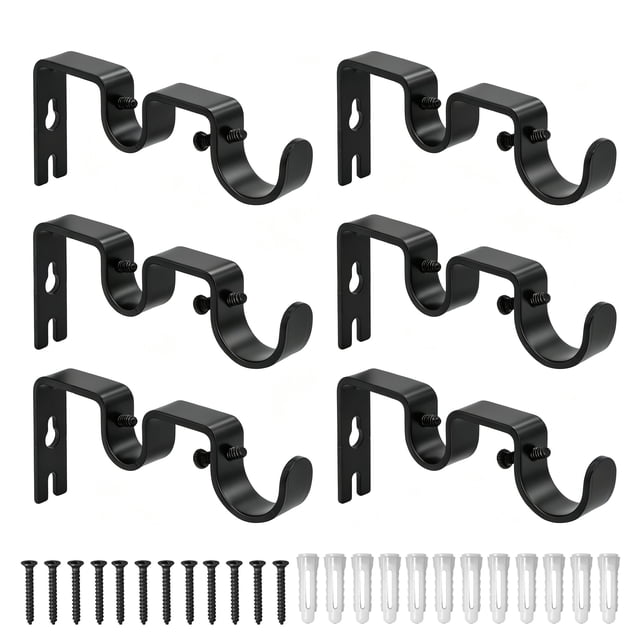 6 Pack Double Curtain Rod Brackets, Heavy Duty Black Curtain Rod ...