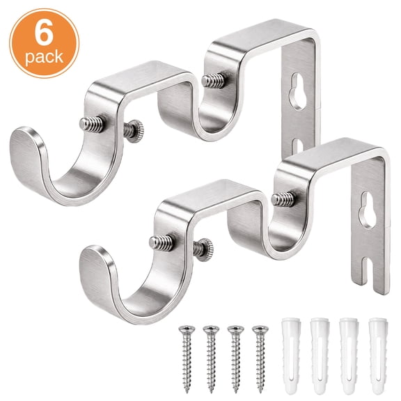 6 Pack Double Curtain Rod Brackets, Heavy Duty Metal Curtain Rod Holders, Curtain Support Brackets, Curtain Rod Mounting Hardware for Window Drapes