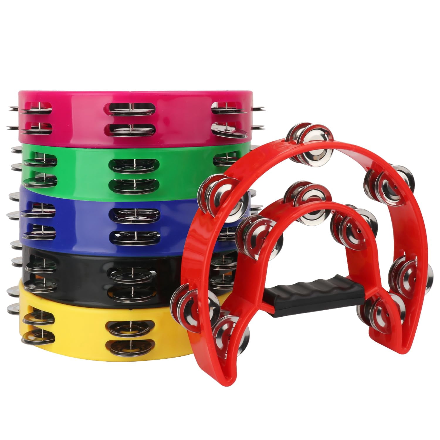 6 Pack Double Row Tambourine - 9.06 Inch Professional Handheld 20 Metal Jingles  Half Moon Musical Tambourines Plastic For Adults Music Lovers And Performers