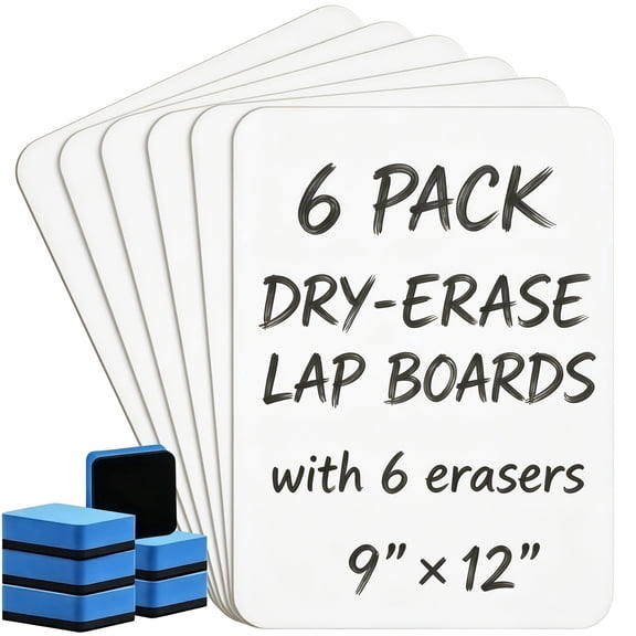 6 Pack Double Sided Dry Erase Lap Boards, 9 x 12 Inch Reusable Small White Board Kit with 6 Erasers, Portable Mini Writing Boards for School Learning, Office Memos & Drawing Practice