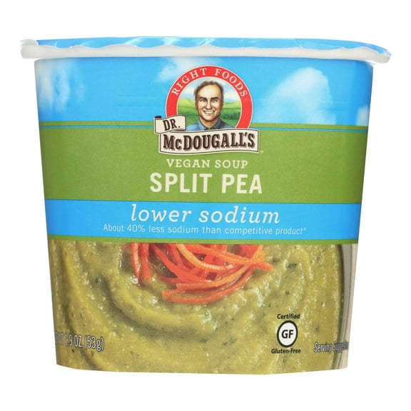 (6 Pack)Dr. McDougall's Right Foods Vegan Split Pea Soup, Lower Sodium, 1.9 Ounce Cups