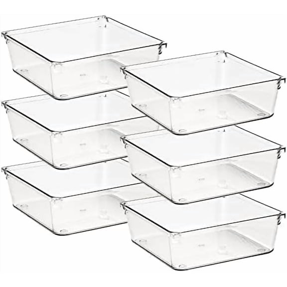 6 Pack Drawer Organizer - 6" X 6" Plastic Storage Bins, Acrylic Organizers with Non-Slip Pads Clear Desk Storage Tray for Makeup, Jewelries, Kitchen Utensils, Bathroom and Office