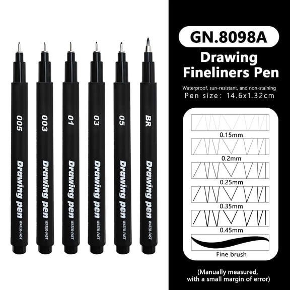 6 Pack Drawing Fineliner Pens, Black Waterproof Micro Pens Fine Tip Markers or Sketching, Technical Drawing, Illustration and Archival Ink Journaling