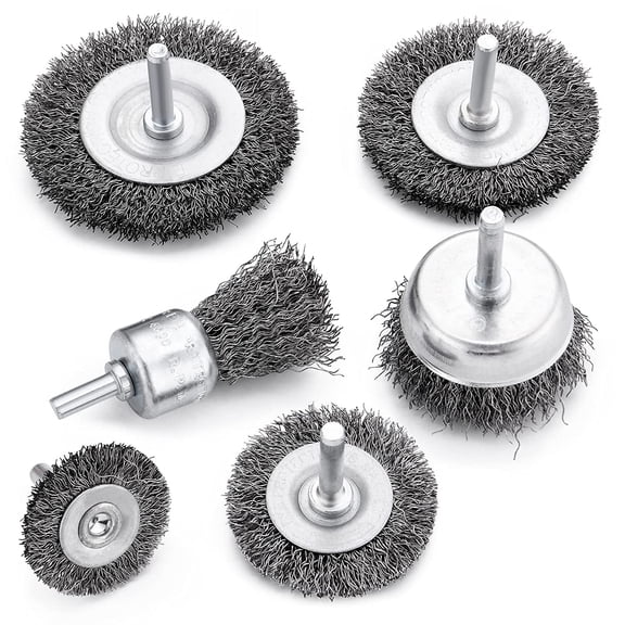 6 Pack Drill Wire Brush Set with 1/4" Hex Shank, Crimped Carbon Steel Wheel & Cup Wire Brushes for Rust Removal, Paint Stripping, Deburring & Surface Cleaning