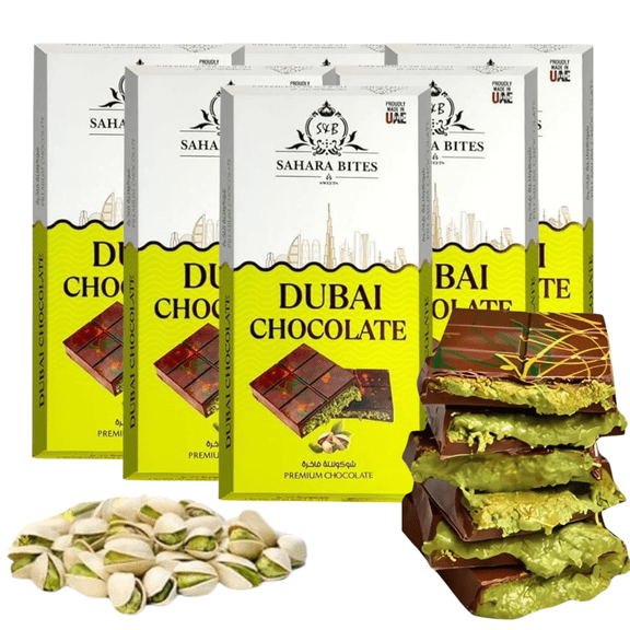 6 Pack - Dubai Premium Pistachio Chocolate, Luxury Kunafa Chocolate Bar, 185g with Display Box Made in UAE  SAHARA BITES