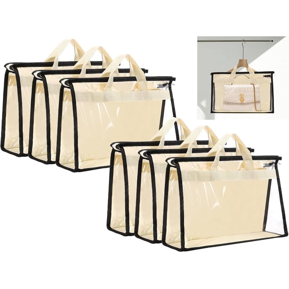 6 Pack Dust Bags for Handbags,Clear Handbag Storage Organizer,Purse Storage Bag with Zipper and Handle,Transparent Purse Protector Storage Bag,Handbag Dust Bags for Closet(Beige,Small)