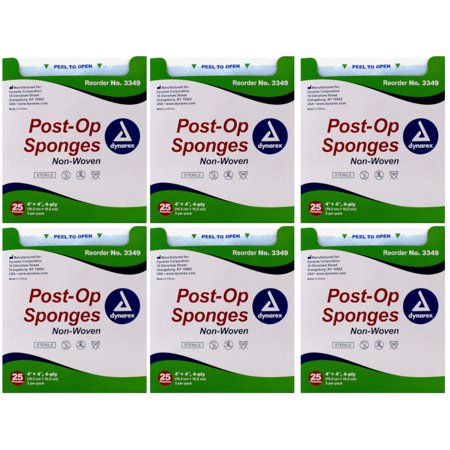 6 Pack Dynarex Gauze Post-Op Sponges Sterile 4" X 4", 4-Ply, Count: 25 x 2 Each