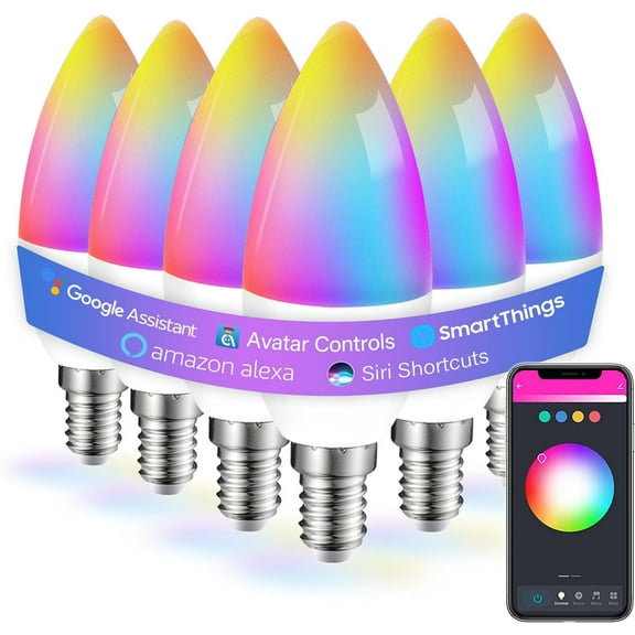 6 Pack E12 Smart Bulbs, Alexa WiFi Candelabra Smart Light Bulbs 5W 2700K-6500K Color Changing Dimmable RGBCW, Music Timer Ceiling Fan Smart B11 Candle Base Small LED Light Bulb, 2.4GHz WiFi