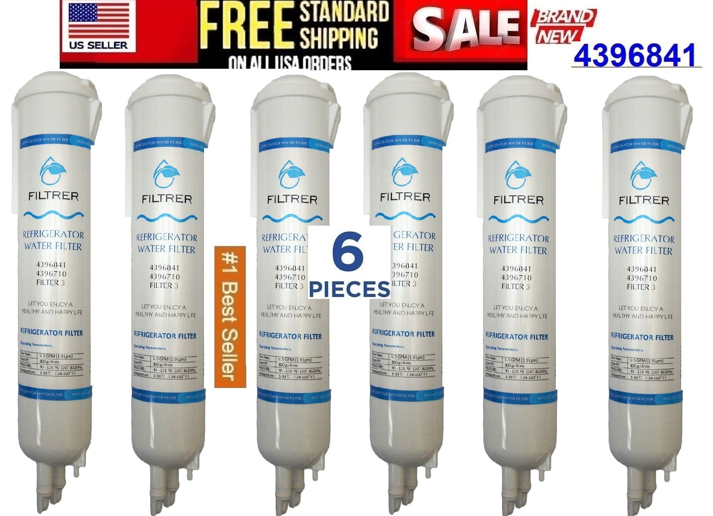 6 Pack EDR3/RXD1 Water Filter Replacement Compatible with R.efrigerator Filter WHR3RXD1 4396841 4396710 46-9083 P1RFWB2 P1WB2 T1RFKB1,