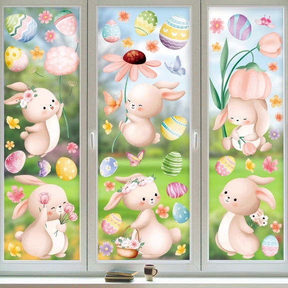 6-Pack Easter Bunny Static Cling Window Decals, Storefront Glass Door Wall Stickers For Spring Easter Holiday Decor, Removable Non-Adhesive Easter Egg Rabbit Window Stickers For