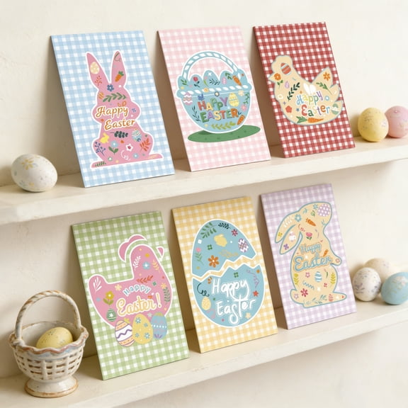 6 Pack Easter Cards Kit with Envelopes and 6 Pcs Adhesive Stickers Colorful Greeting Cards in 6 Designs Bunny Eggs Note Card for Classroom Exchange Easter Party Supplies