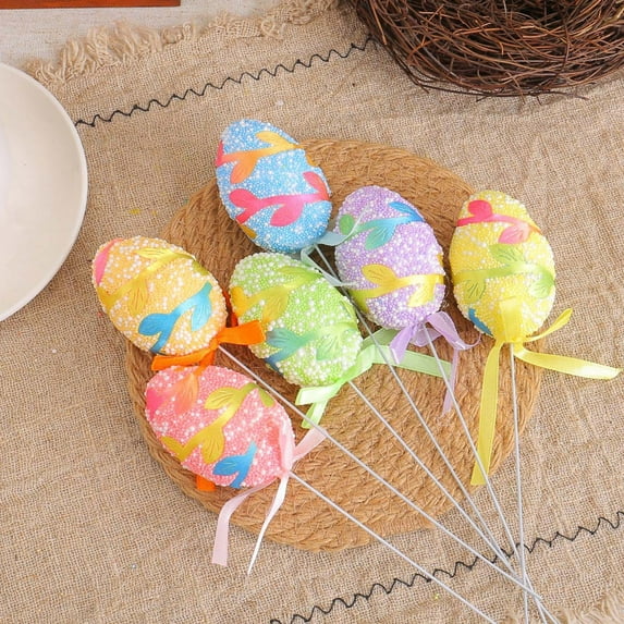 6 Pack Easter Foam Egg Picks, Glittered Eggs Oranment with Ribbon and Stick for Tabletop Centerpiece Decor, Easter Party Supplies