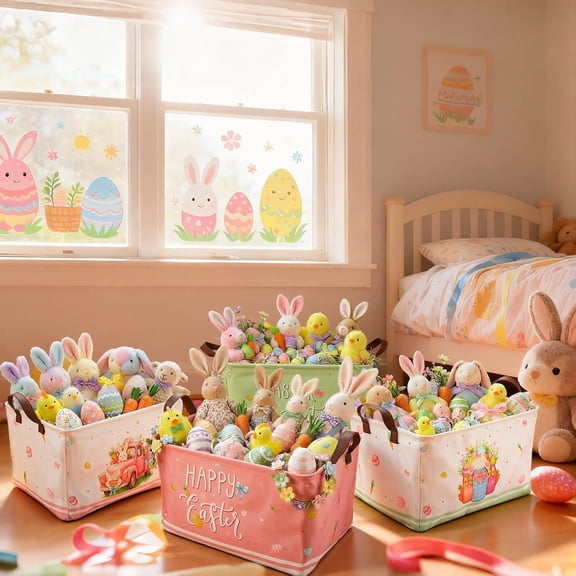 6 Pack Easter Storage Bin Collapsible Easter Basket for Gifts Bunny Eggs Holiday Decor Large Rabbit Basket Foldable Colorful Truck Box with Handle for Bedroom Office Home