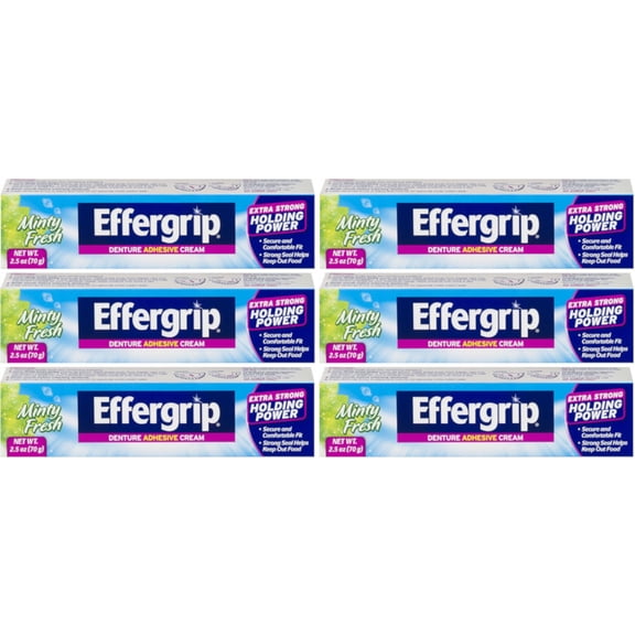 6 Pack Effergrip Extra Strong Denture Adhesive Cream Zinc Free 2.5oz Each