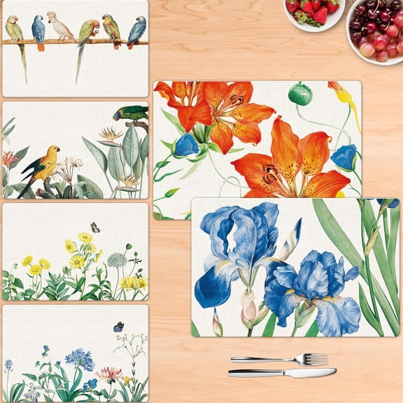 6 Pack Elegant Placemats, Non-Slip Washable, Reusable Placemat - Plants, Flowers Birds, Nature Theme Placemats for Home, Office, Restaurant, Dining Table, Adults, Kids,